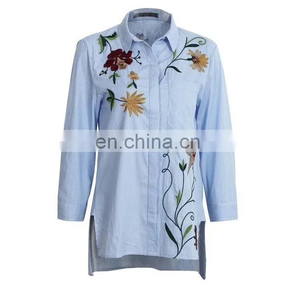 CH082 OEM Service Floral Embroidered Striped Long Sleeve Casual Blouse for Women photo-3