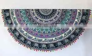 Indian Round Mandala Tapestry Multicolor Pom Pom Fringes Yoga Mat Beach Towel