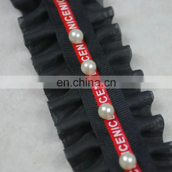 Black Color Beaded Chiffon Ruffle Pearl Trim in 2.5cm photo-6