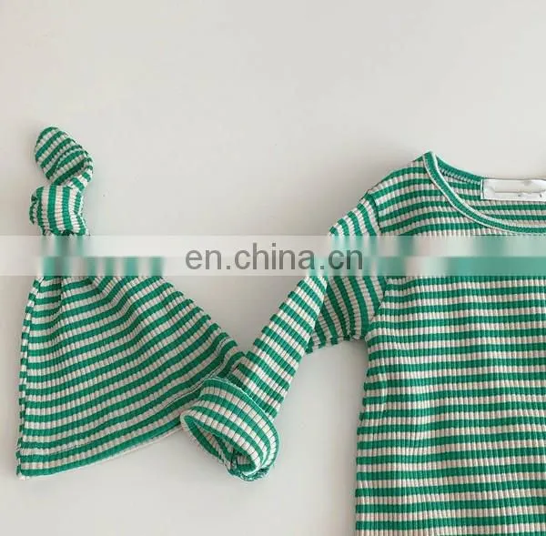 Baby Romper With Hat Set Ribbed Stripe Newborn Baby Bodysuit photo-2