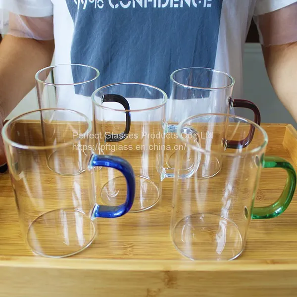 Hot Sale Logo Customized Glass Cup With Colorful Handle Glass Coffee Mug With Green Brown Blue Handle photo-2
