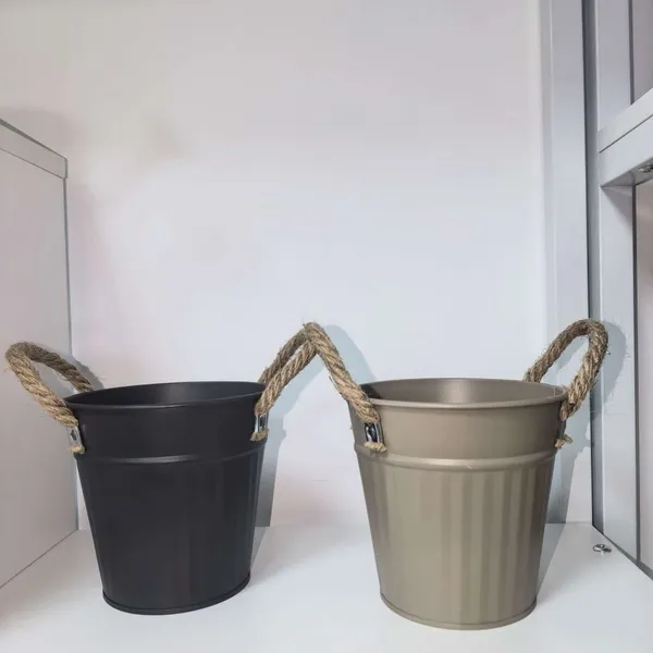 Black & Taupe Ribbed Metal Bucket With Hemp Rope Handles, Decorative Galvanized Metal Flower Pot