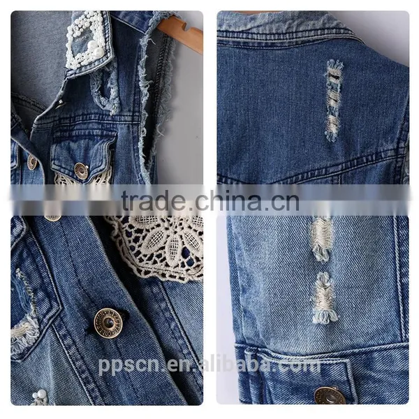 Wholesale Bleach Basic Style Denim Women's Jacket With Studs and Laces photo-4