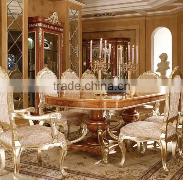 Luxury Vitoria Style Gold Leaf Dining Room Furniture, Baroque Palace Style Marquetry Round Dinning Table With Chairs photo-2