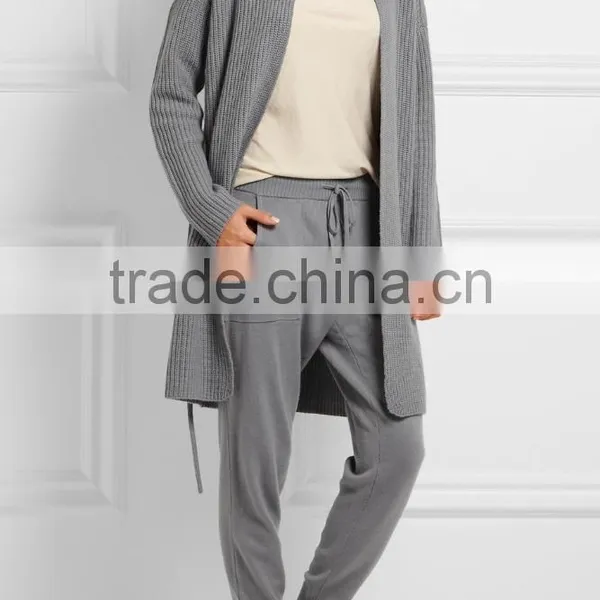 Light Grey Slips On Wool and Cashmere Blend Cardigan With Thin Waist Rope photo-4
