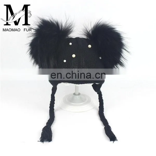 Wholesale Double Raccoon Fur Poms Cap Kids Hat With Fur Pom Pom photo-5