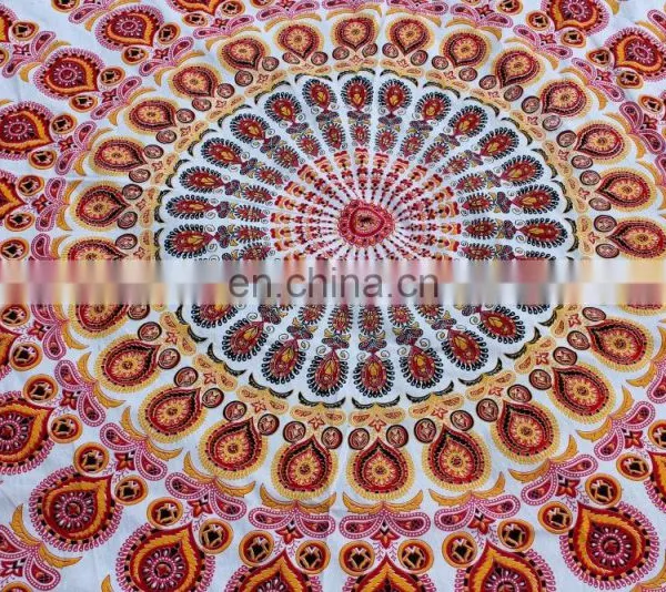 72" Indian Mandala Hippie Orange Mandala Round Roundie Tapestries Hippy Boho Gypsy Round Beach Throw Yoga Mat Pom Pom photo-2