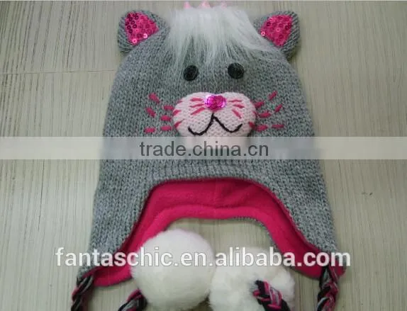 High Quality Custom Cute Animal Acrylic Knitted Winter Hat With Pom Poms for Kid