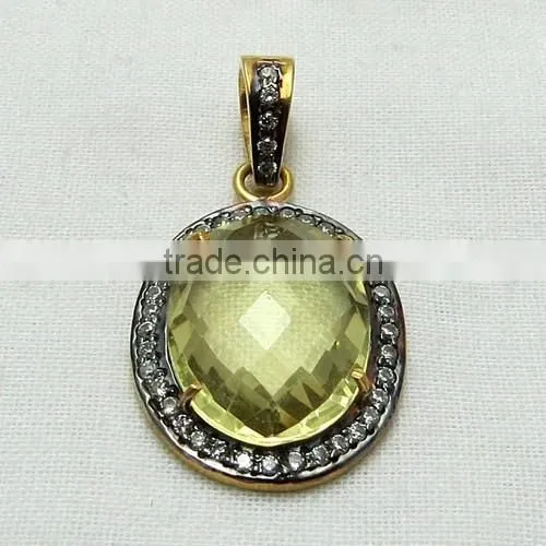 Vintage Lemon Quartz & CZ 925 Sterling Silver Pendant, Gemstone Silver Jewelry, Handmade Silver Jewelry photo-2