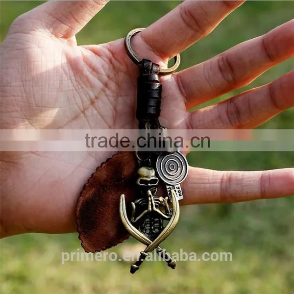 Retro Punk Jewelry Alloy Skull Braided Men Real Leather Skeleton Key Chains photo-2