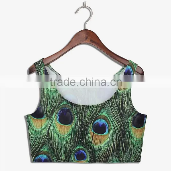 2015 Women Crop Tops Wholesale Sublimation Peacock Print Custom Design N7-36