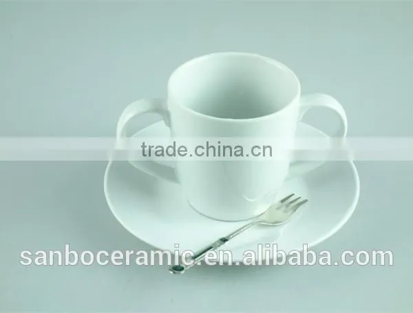 White Porcelain Cup Saucer Double Handles , Stock Cups Chaozhou Factory Sanbo photo-5