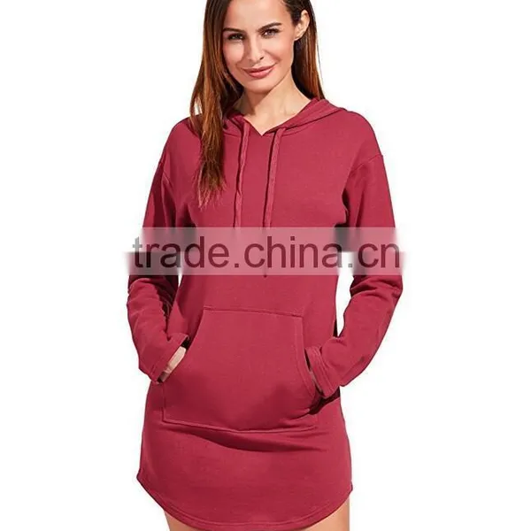 US Vintage Hoodie Sweatshirts Womens Red Solid Curved Hem Blank Custom Slim Fit Sexy French Terry Cloth Hoodie Dress photo-2
