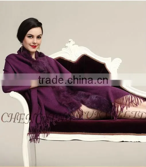 CX-B-P-28B Fashion Pashmina Shawls 100% Wool Real Rabbit Fur Pashmina Scarf photo-2