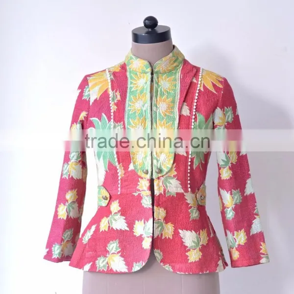 Handmade Vintage Kantha Boho Jacket in One of a Kind Fuschia & Green Print ~ Small photo-4
