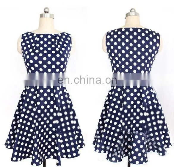 50s Retro Style Ladies Sleeveless Blue Polka Dot Dress photo-2