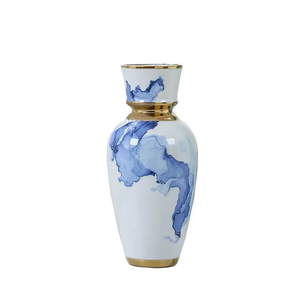 Light Luxury Nordic Applique Electroplate White Blue Large Ceramic Vase For Hallway photo-5
