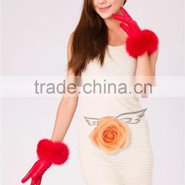 Cheap Cute Fashion Winter Warm Mittens Gloves Lamb Leather With Fox Fur Trimmings photo-5