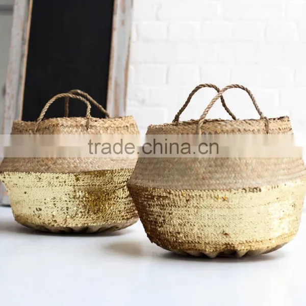 Gold Sequin Belly Basket, Storage Sea Grass Basket photo-6