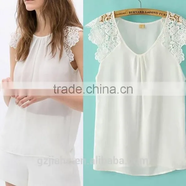 New Women Fashion Summer Lace Floral Hollow Splice Sleeveless Chiffon Blouses photo-2