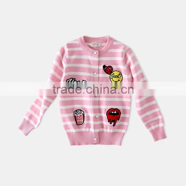 S60600B Girl Stripe Sweaters Cartoon Patch Girls Cardigan Cotton Outerwear photo-2