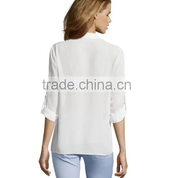 100% Polyester Long Sleeve v Neck Blouse Hi-low Woman Blouse photo-3