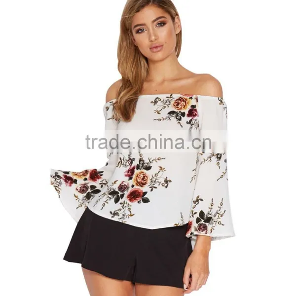 Fashion Blouse Design Floral Tie-Sleeve Off-Shoulder Top&blouse for Sale 2017 photo-4