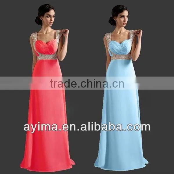 hot selling ladies long elegant dress blue chiffon rhinestone prom dresses 2014