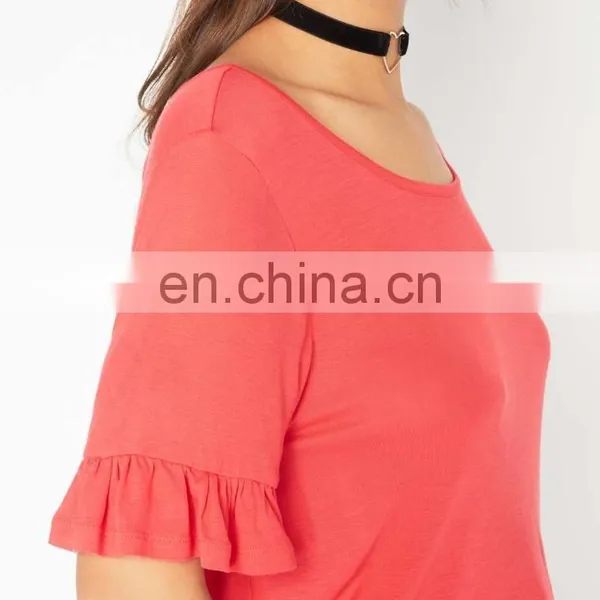 2017 Latest Fashion Top Design Red Frill Sleeve Blouse Designs T-Shirt photo-2