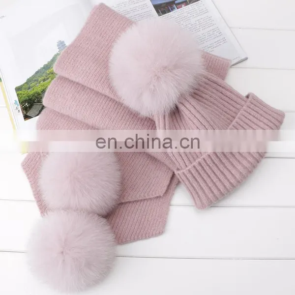 Winter Wool Knitted Beanies Scarf Fox Fur Pompom Knitted Hat Wool photo-3