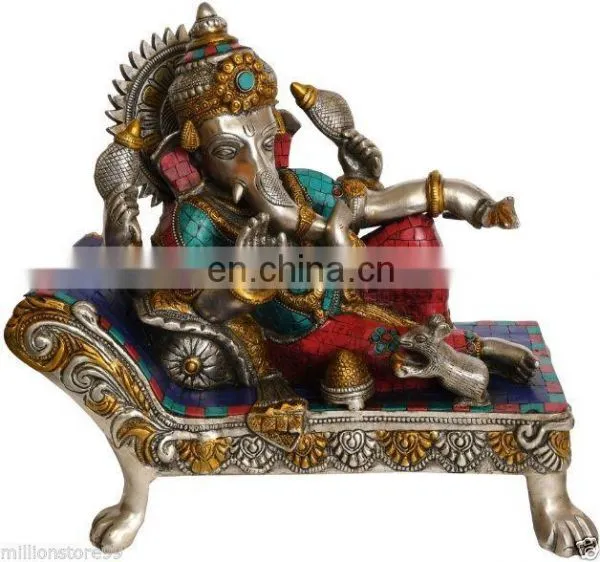 Indian Hindu GOD Ganesha Relax On Bed Stone Work 13" Brass Silver Hue Statue Hindu Art 12.2KG ELEPHANT Lord Ganesha Statue Decor