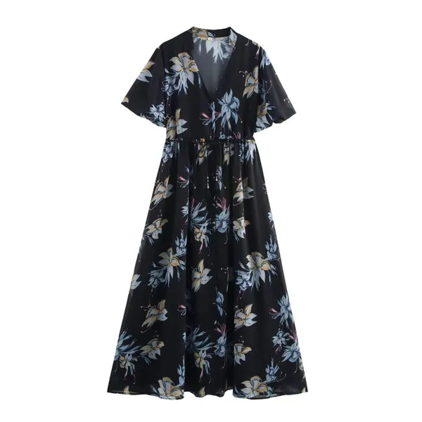 2025 Spring New European and American Style Women's V-neck Bubble Sleeve Printed Short Sleeved Dress photo-3