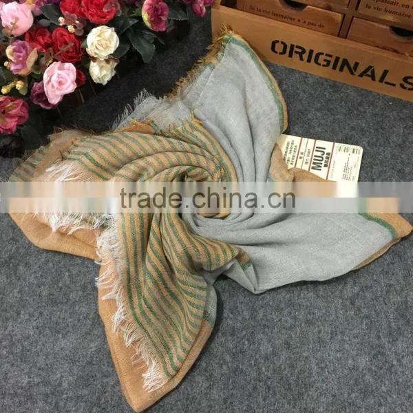 Latest Design Korean Fashion Cotton Linen Striped Fringe Tassel Scarf photo-6