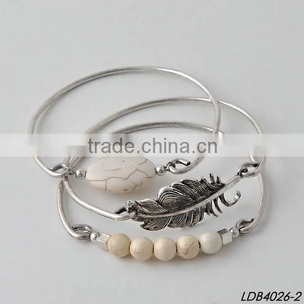 White Turquoise Bead Bangle Set Silver Leaf Turquoise Stone Bangle photo-2