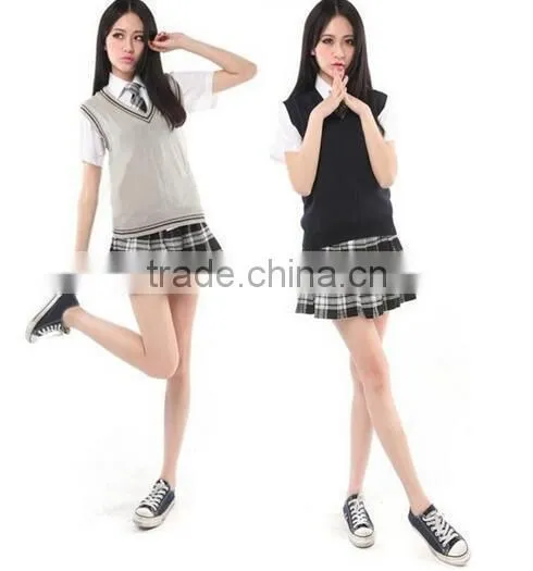 Girls Vest Sweater Uniforms Student School Uniform V-neck Cotton Vest Short/Long Sleeve Shirt Plaid Skirt photo-4