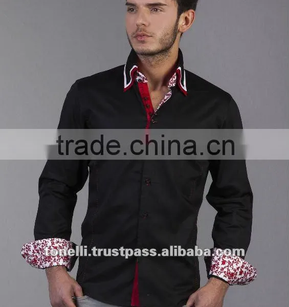 Stylish Triple Collar Black Satin Dress Shirt