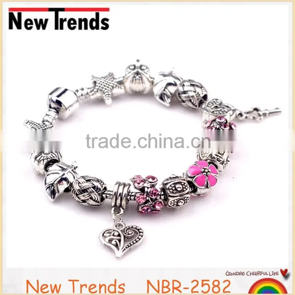 European Antique Alloy and Glass Beads Heart Charm Bracelet
