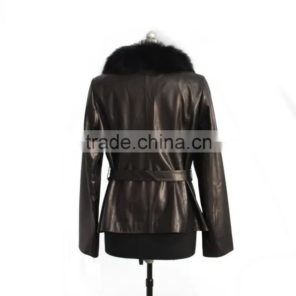 2015 New Fashion Women Leather Coat With Fox Fur Trim Hot Sale photo-2
