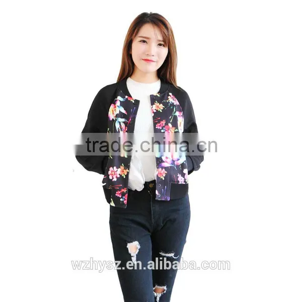 2015 Fashionable Flower Printed Baseball Casual Jacket Black and White