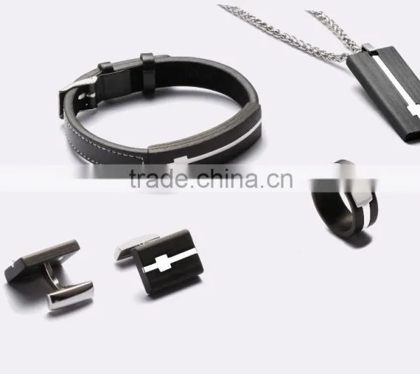 2016 Carbon Fiber Stainless Steel Pendant Ring Bracelet Cufflink Jewelry Set