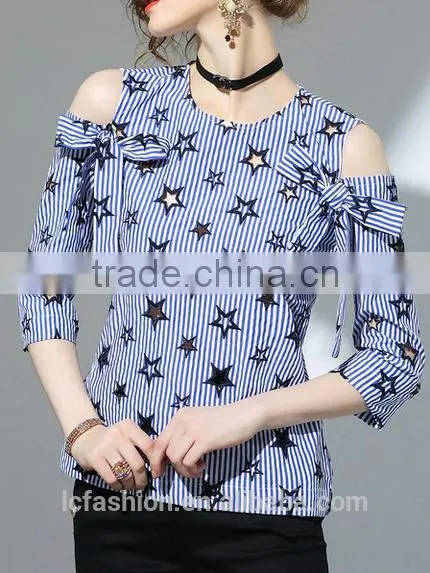 2017 Summer Newest Fashion Round Neck Cold Shoulder Blouse With Stars Pattern photo-2