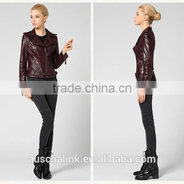Newest German Style Lady Pure Lambskin Trendy Red Wine Leather Jacket photo-5
