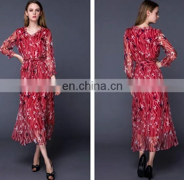 Star Patterned Fashionable Long Sleeve Red Chiffon Long Dress With Waistband photo-2