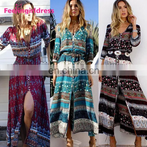 Hot Sale Fashion Elegant Sexy Boho Evening Print Women Maxi Dress photo-2