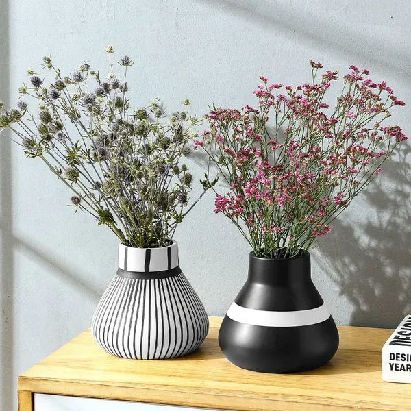 Classics White And Black Stripe Large Simole Style Ceramic Vase, Hotel And Living Room Decoration photo-5