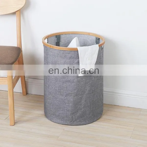 Portable Fabric Laundry Storage Basket Round Foldable Large Bamboo Dirty Clothes Organizer Baskets photo-3