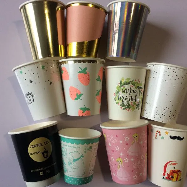 FDA and LFGB Food Safe Gold Silver Foil Paper Party Cup Disposable Paper Cups Perfect for Cafes or Catering Events 8oz, 9oz, 12oz All Size Available