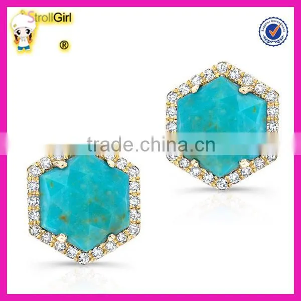 Silver Jewelry 925 Sterling Silver Turquoise Stud Earring With Gold Plated White cz Pave