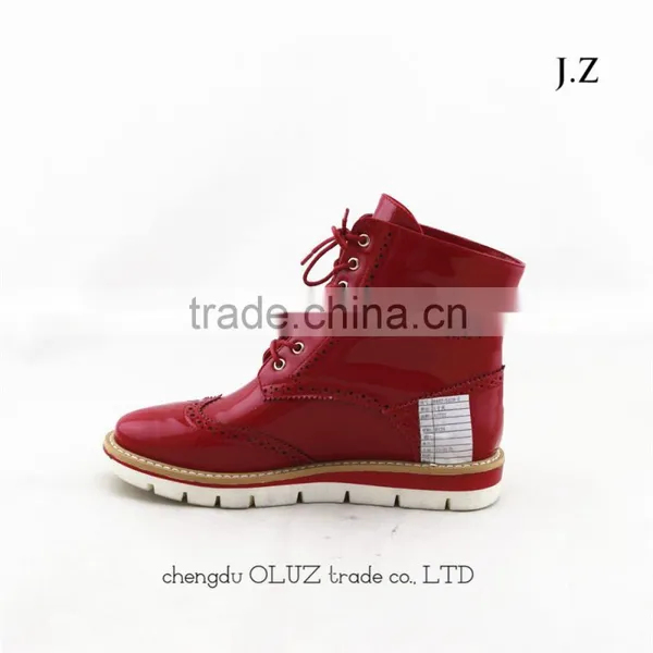 LQEB11 Red PU Comfortable Flat Casual Military Fuzzy Ladies Lace up Shoes Boots Rubber Outsole photo-3