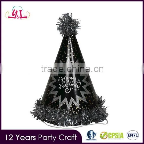 Novelty 2016 Glitter Gold Black Happy New Year Party Cone Hat Paper Party Hat